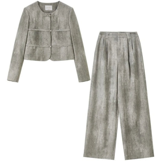 Collarless Jacket and Pants Set
