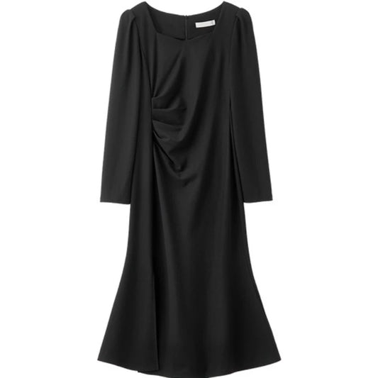 Draped Long-Sleeve Midi Dress