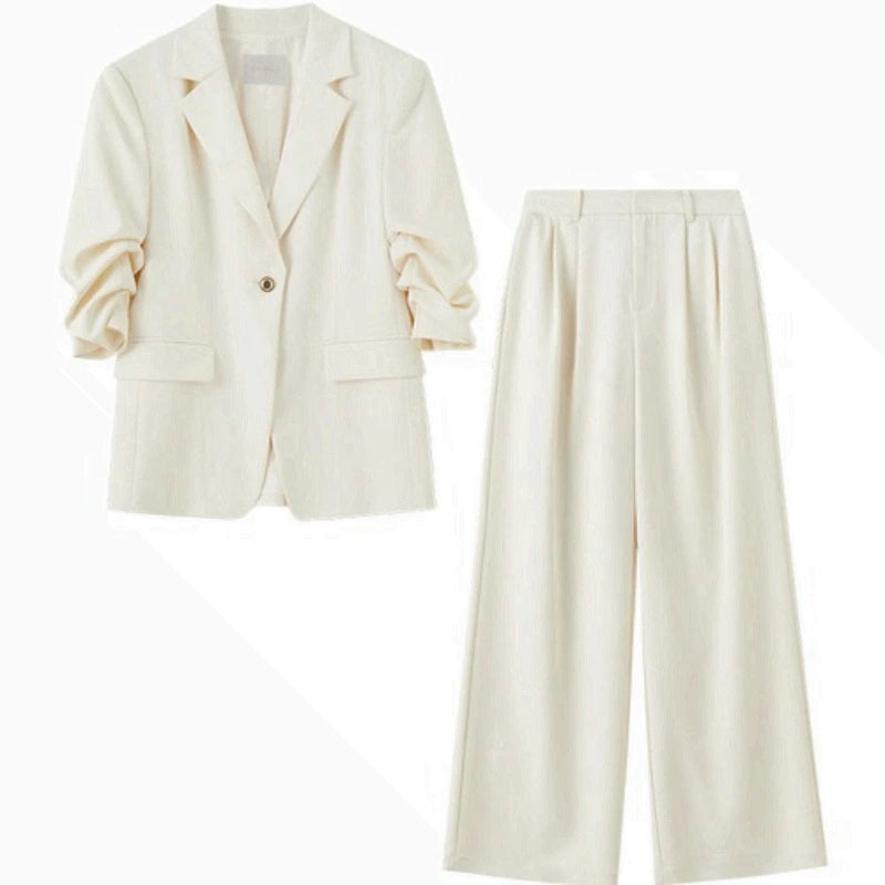 Ruched-Sleeve Blazer and Pants Set