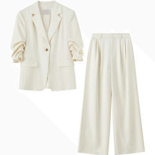 Ruched-Sleeve Blazer and Pants Set