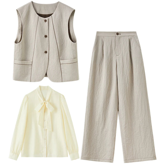 Three-Piece Blouse Vest and Pants Set