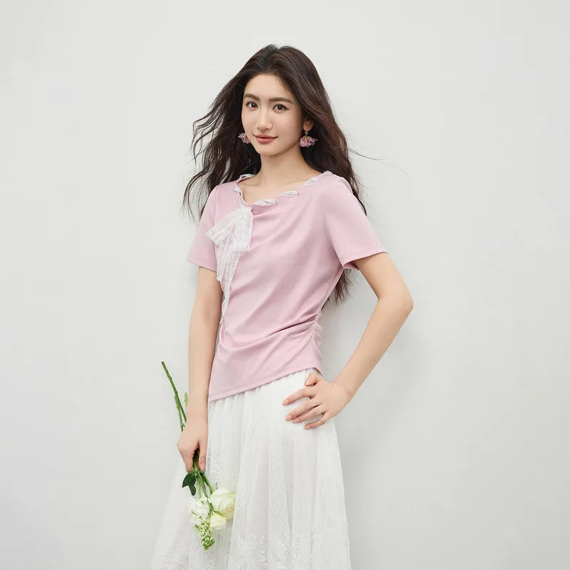 Lace-Trim Ruched Tee