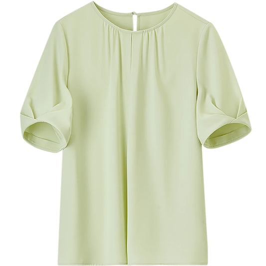 Pleated-Neck Short-Sleeve Blouse