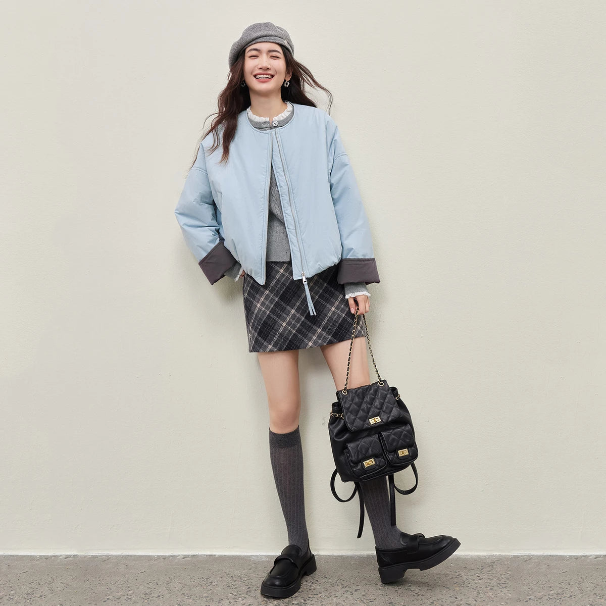 Contrast-Cuff Zip-Up Jacket
