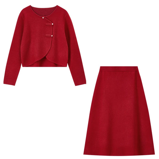 Knot-Detail Cardigan and Skirt Set