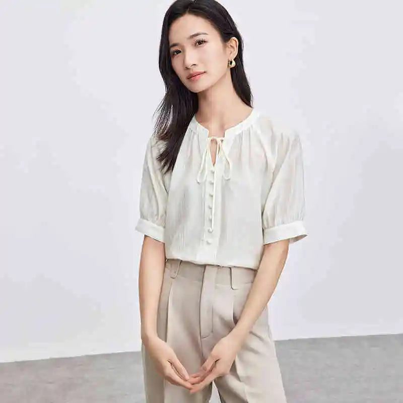 Tie-Neck Short-Sleeve Blouse