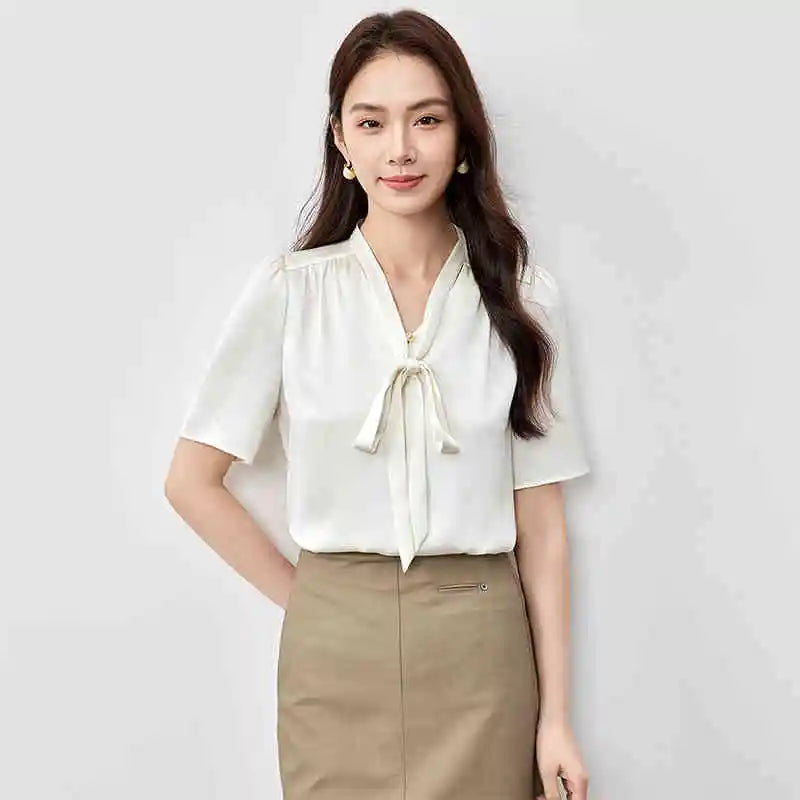 Tie-Neck Flutter-Sleeve Blouse