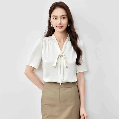 Tie-Neck Flutter-Sleeve Blouse
