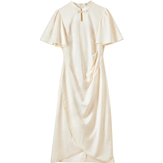 Flutter-Sleeve Draped Midi Dress