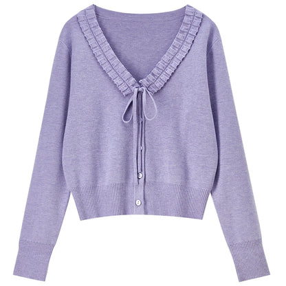 Ruffle-Trim Tie-Neck Cardigan