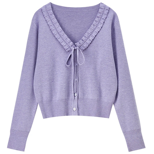 Ruffle-Trim Tie-Neck Cardigan
