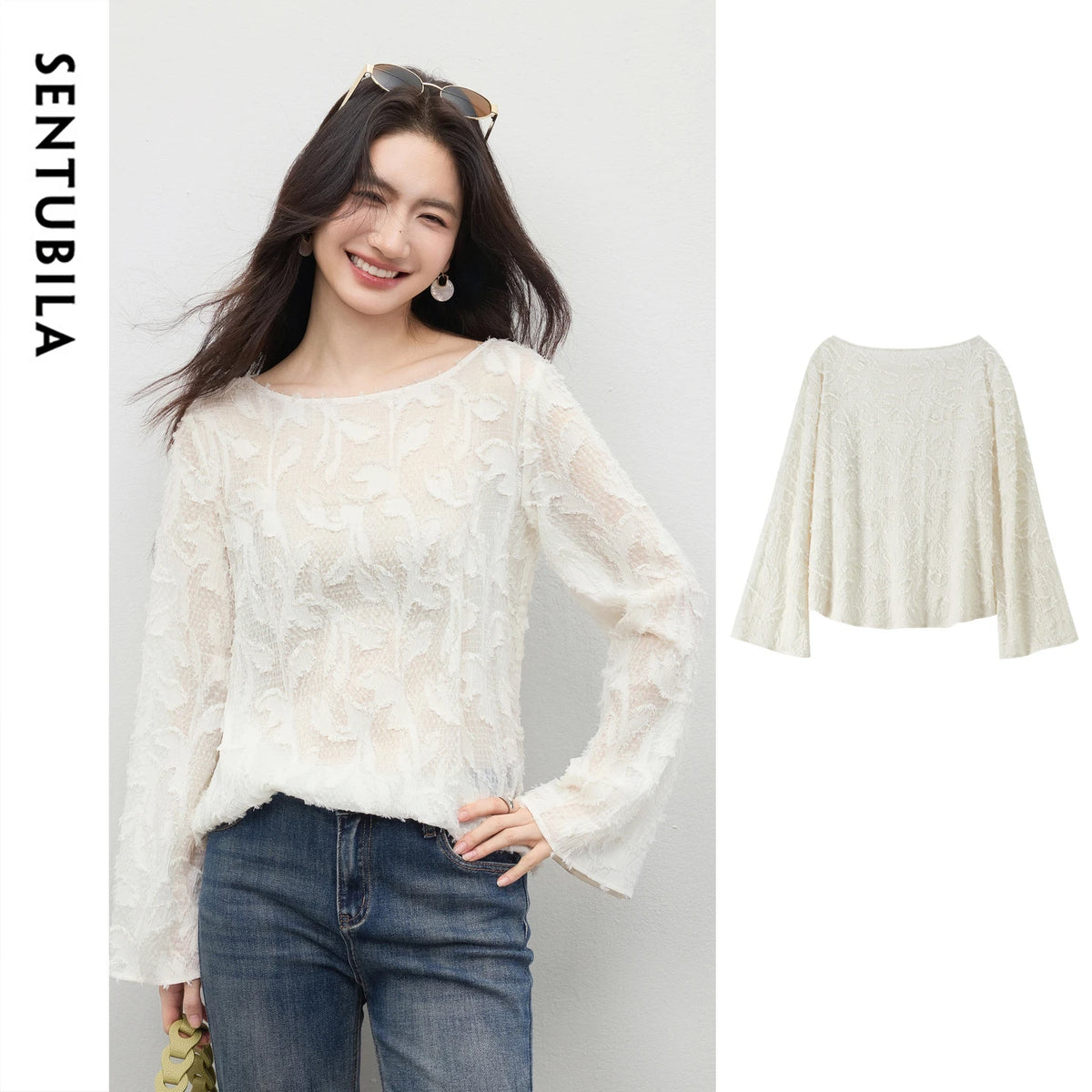 Boat-Neck Flared-Sleeve Blouse