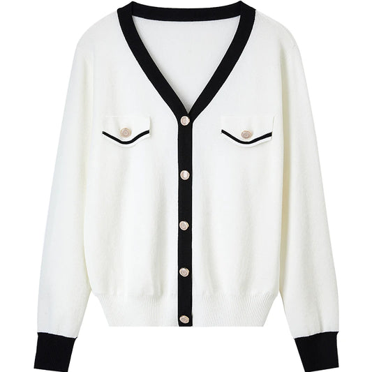 Contrast-Trim V-Neck Cardigan