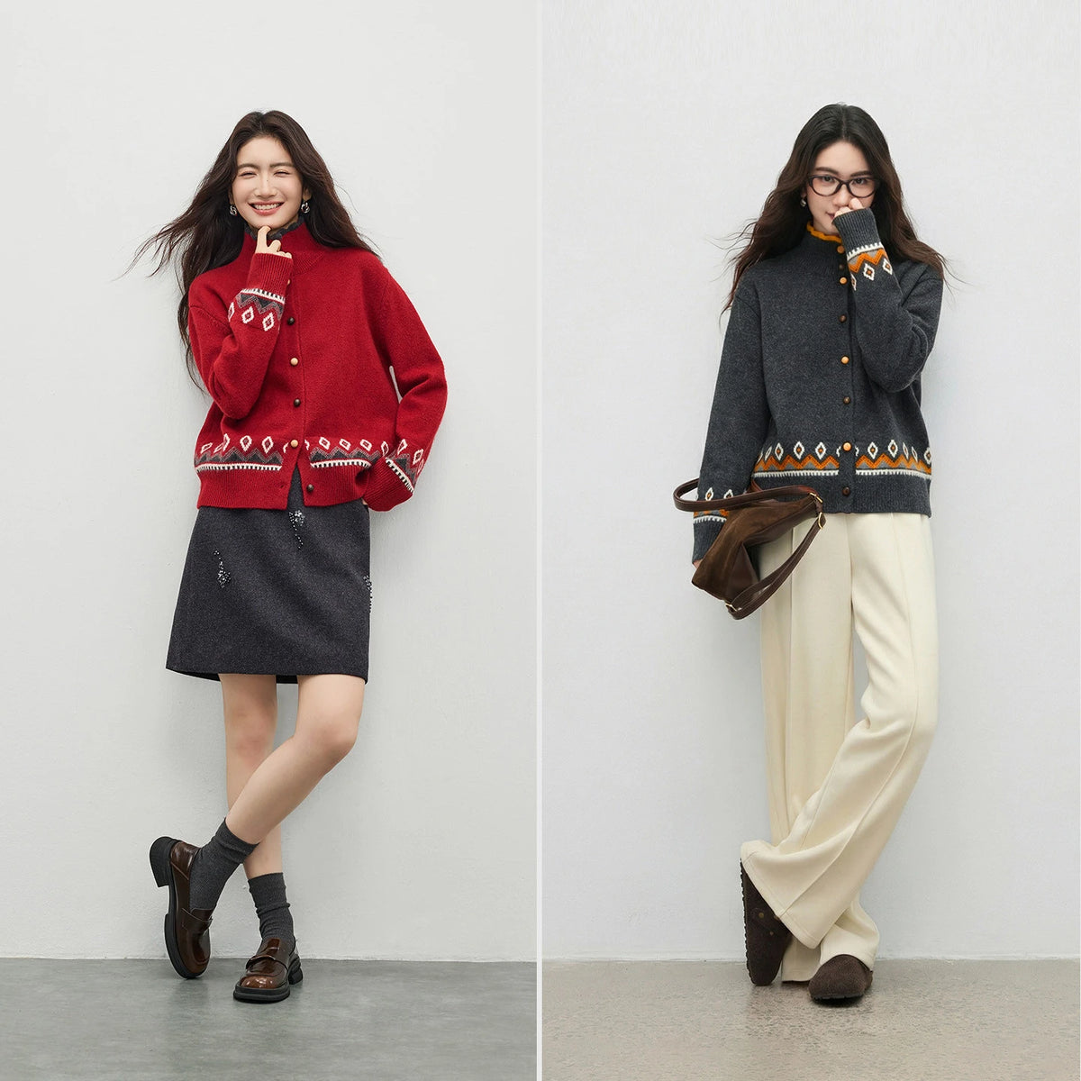 Geometric-Trim Stand-Collar Cardigan