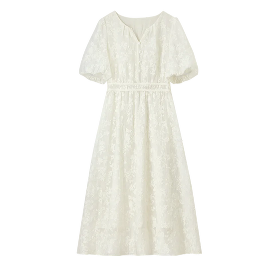Puff-Sleeve Textured Midi Dress