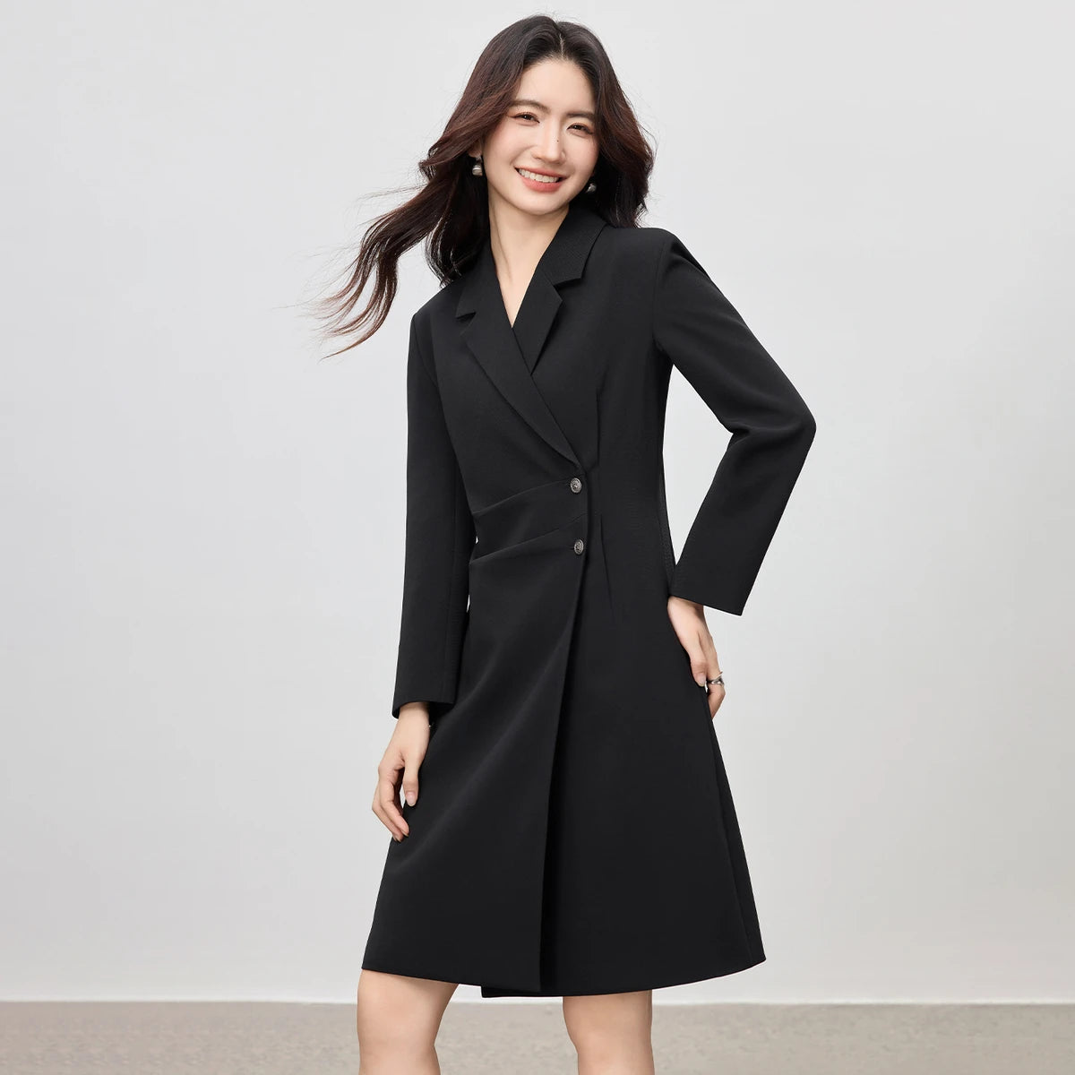 Asymmetric-Button Blazer Dress