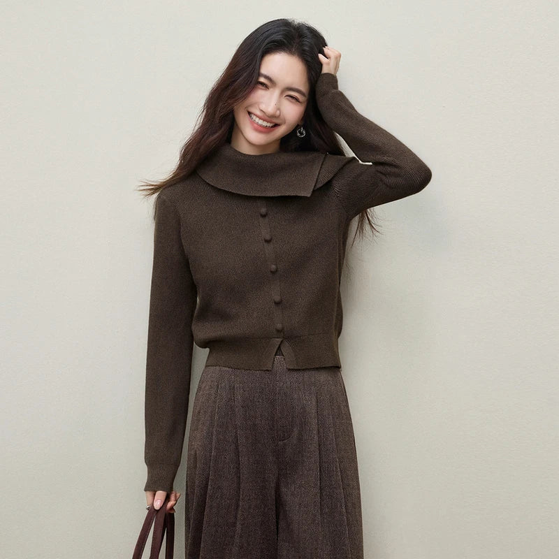 Asymmetric-Collar Button-Detail Sweater