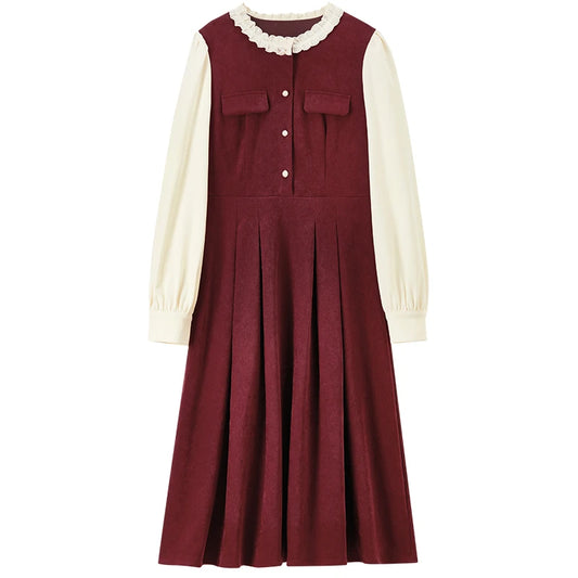 Contrast-Sleeve Pleated Dress