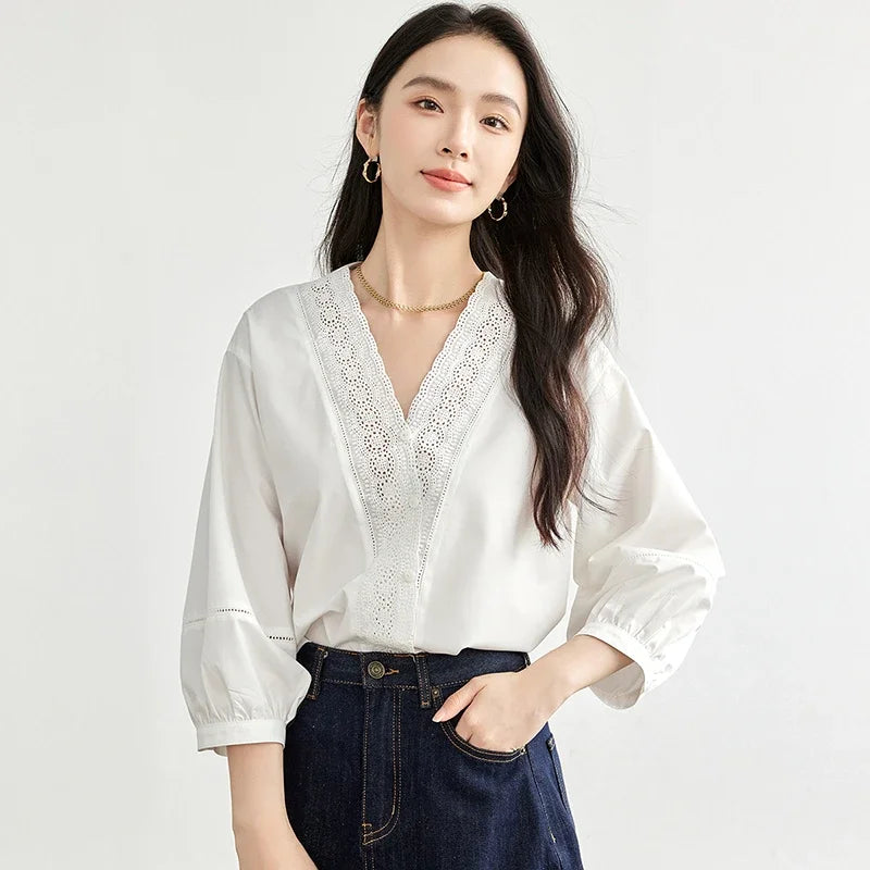 Lace-Trim V-Neck Blouse