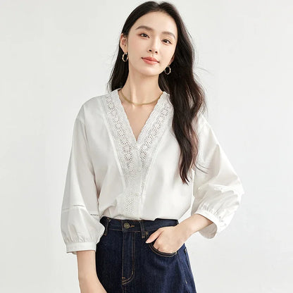 Lace-Trim V-Neck Blouse