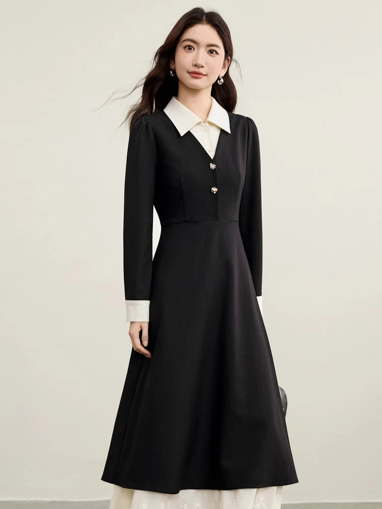 Contrast-Collar Lace-Hem Dress
