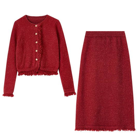 Fringe-Trim Cardigan and Skirt Set