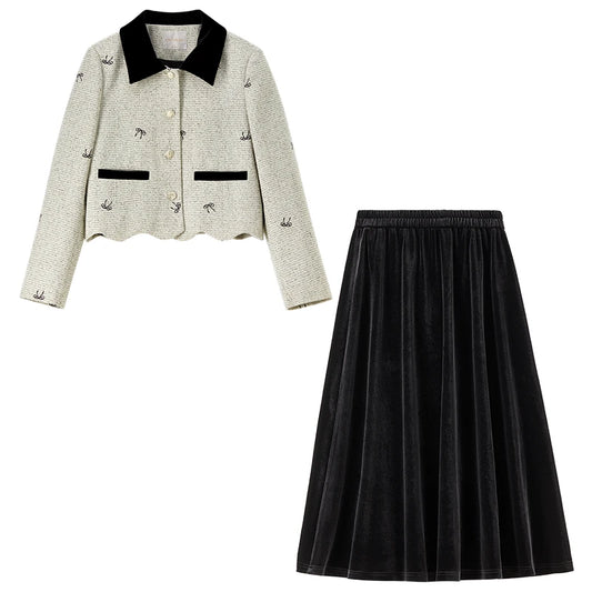 Contrast-Collar Jacket and Skirt Set