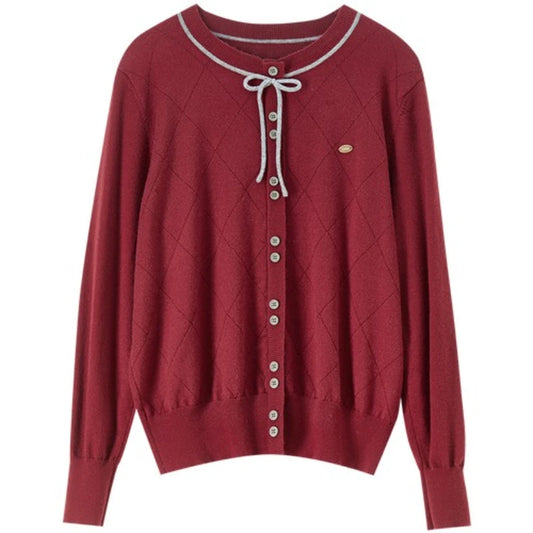 Contrast-Trim Tie-Neck Cardigan