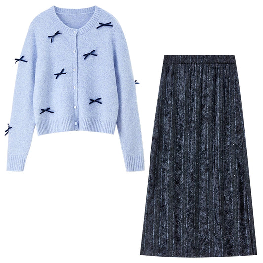 Bow-Detail Cardigan and Midi Skirt Set