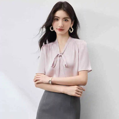 Tie-Neck Flutter-Sleeve Blouse
