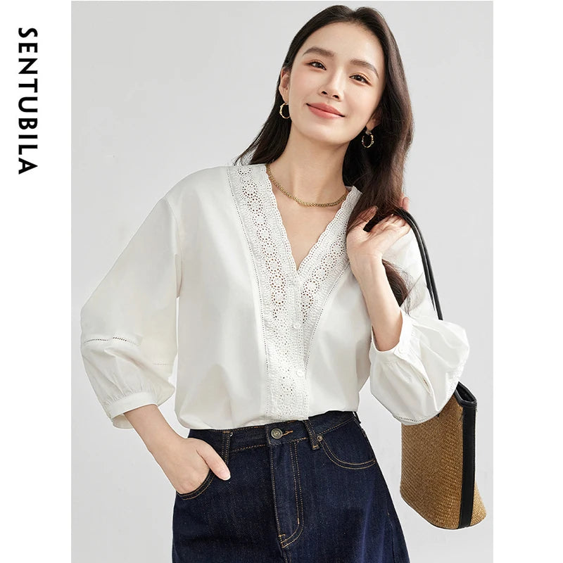 Lace-Trim V-Neck Blouse