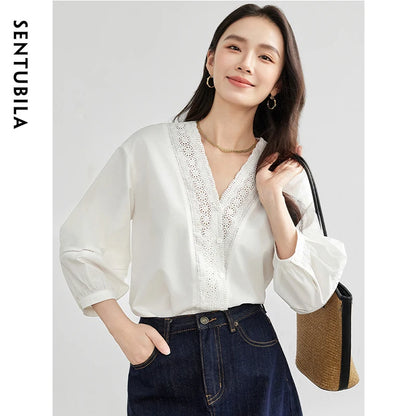 Lace-Trim V-Neck Blouse