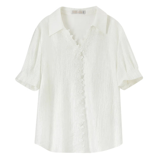 Lace-Trim Short-Sleeve Blouse
