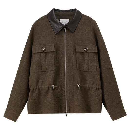 Contrast-Collar Zip-Up Jacket