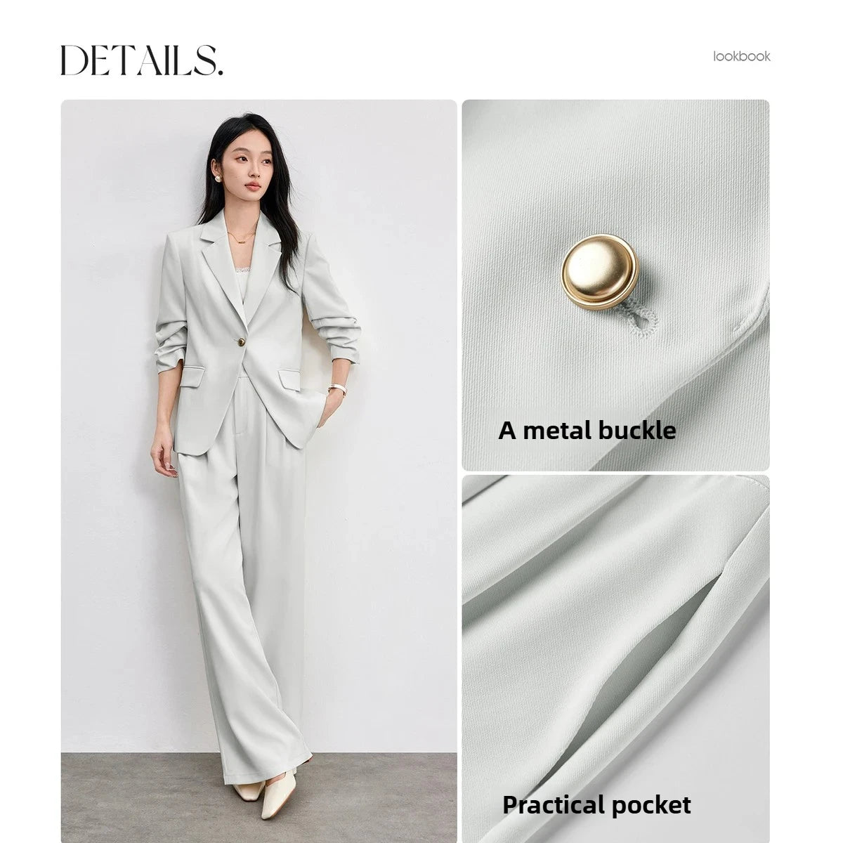Ruched-Sleeve Blazer and Pants Set