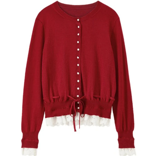 Lace-Trim Drawstring Cardigan