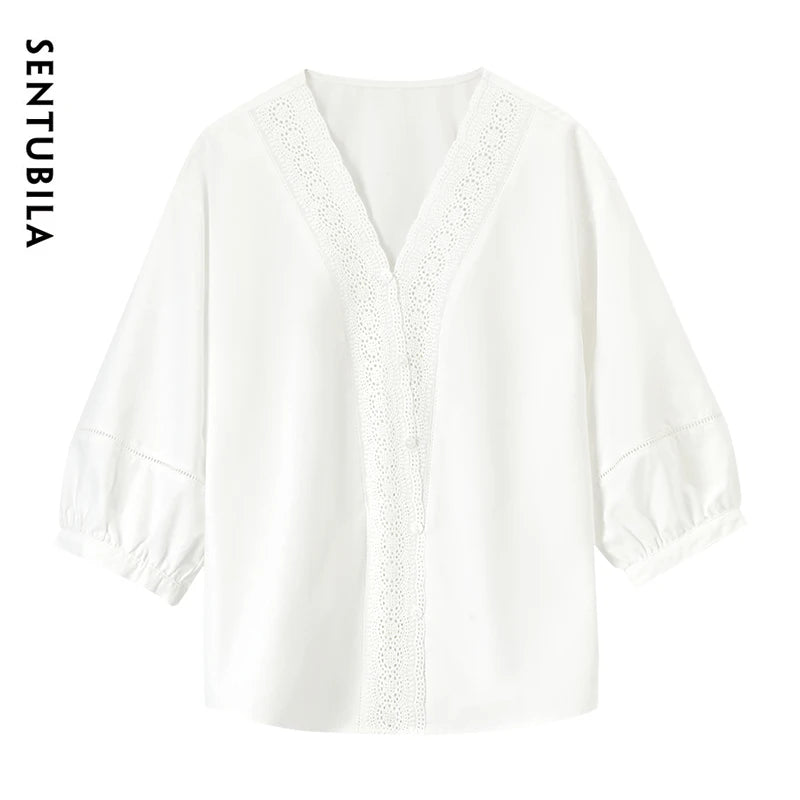 Lace-Trim V-Neck Blouse