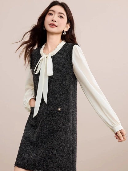 Contrast-Sleeve Tie-Neck Shift Dress