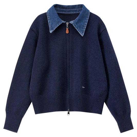 Contrast-Collar Zip-Front Cardigan