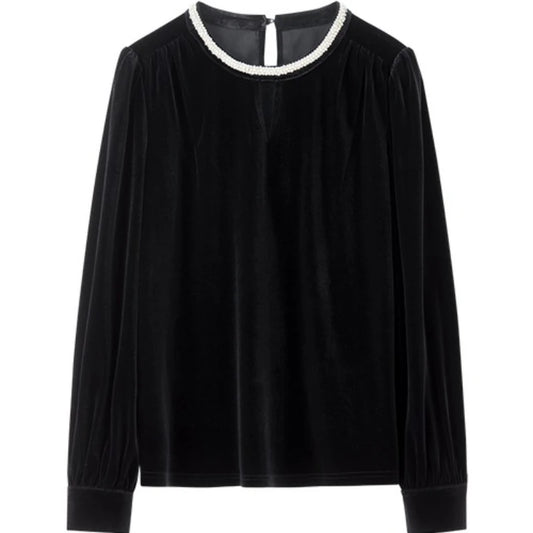 Contrast-Neck Long-Sleeve Blouse