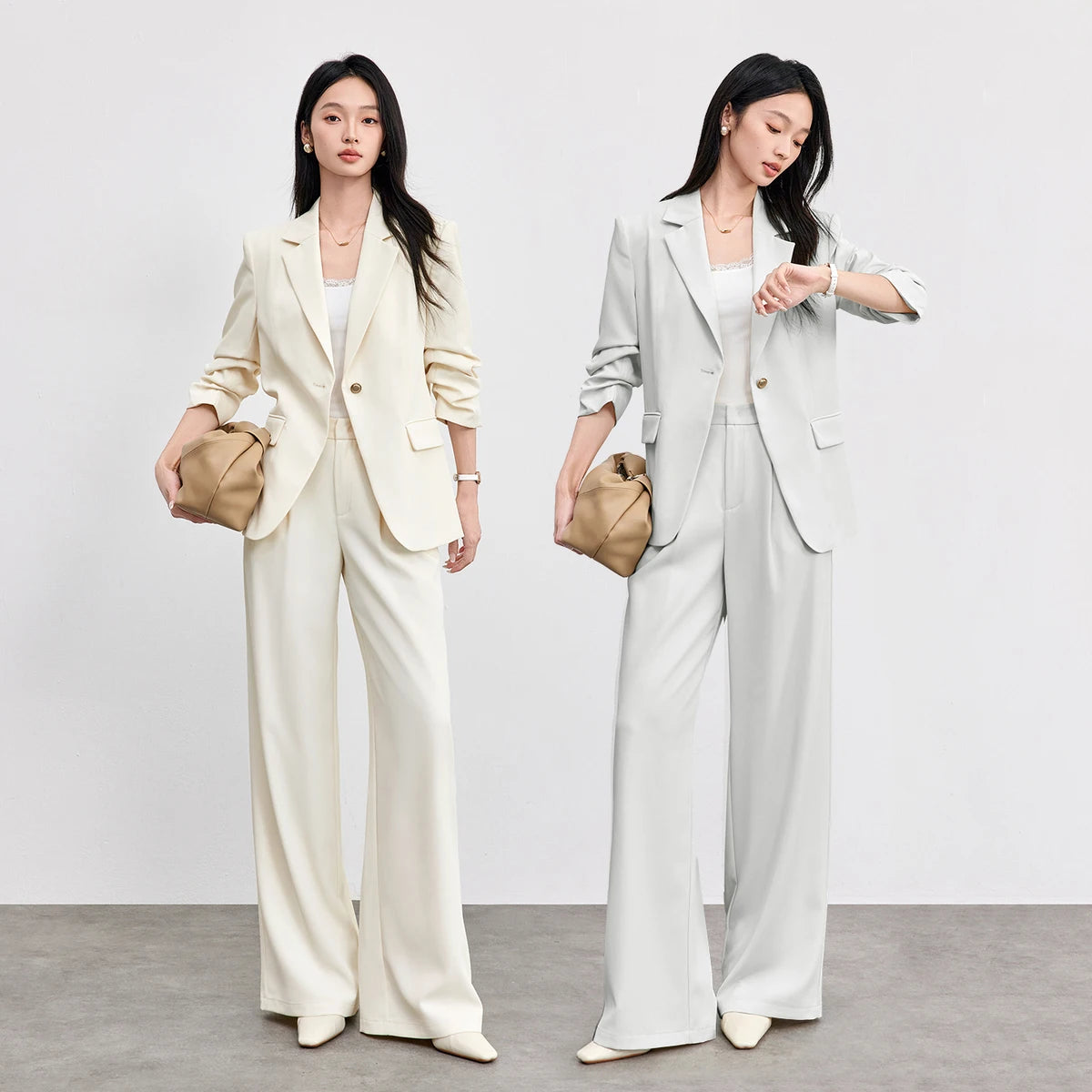 Ruched-Sleeve Blazer and Pants Set