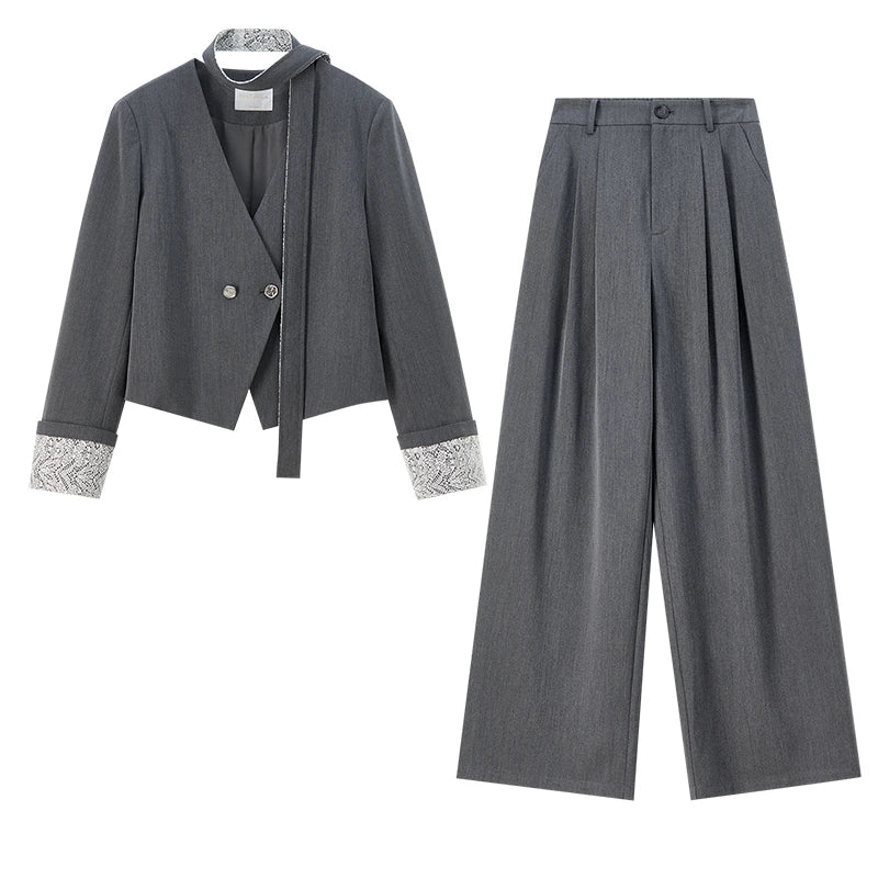 Contrast-Trim Blazer and Pants Set