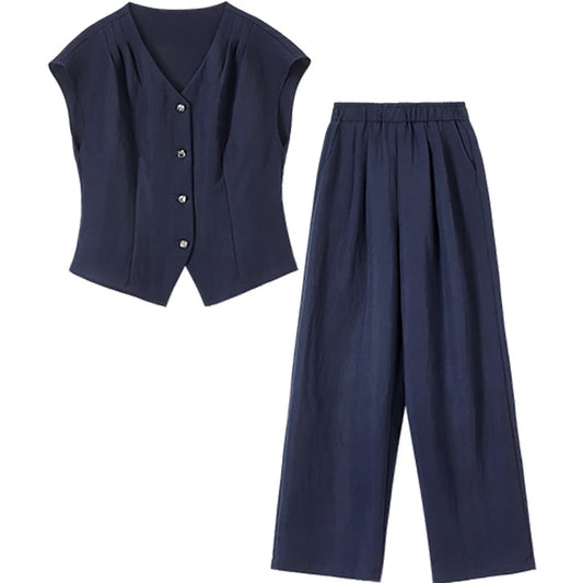 Button-Front Top and Wide-Leg Pants Set