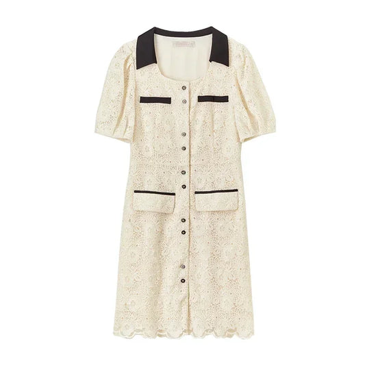 Contrast-Trim Lace Mini Dress