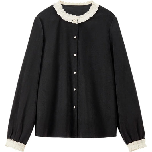 Contrast-Lace Button-Front Blouse