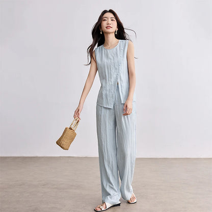 Asymmetric Top and Wide-Leg Pants Set