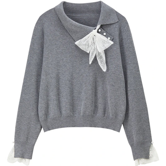 Asymmetric-Collar Lace-Cuff Sweater