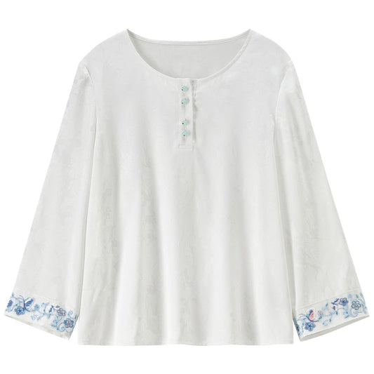 Floral-Cuff Round-Neck Blouse