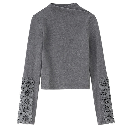 Lace-Cuff Mock-Neck Top