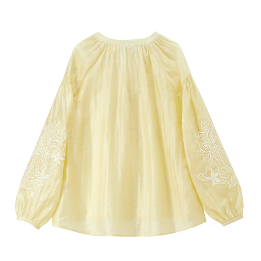 Floral-Sleeve Gathered-Neck Blouse